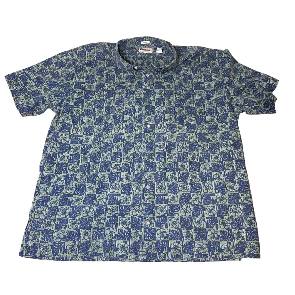 Reyn Spooner Limited Issue Mens 2XL Blue Green Hibiscus Monstera Hawaiian Shirt